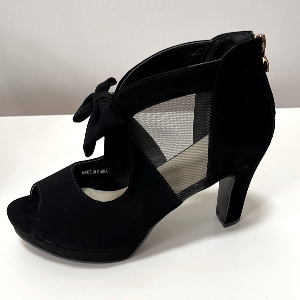 Black Open Toe Heels with Bow and Black Mesh Detail